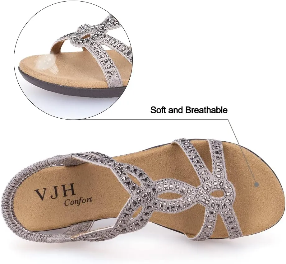 VJH confort Women’s Flat Sandals,Comfort Elastic Strap Rhinestone Open Toe Slip-On Casual Walking Sandals