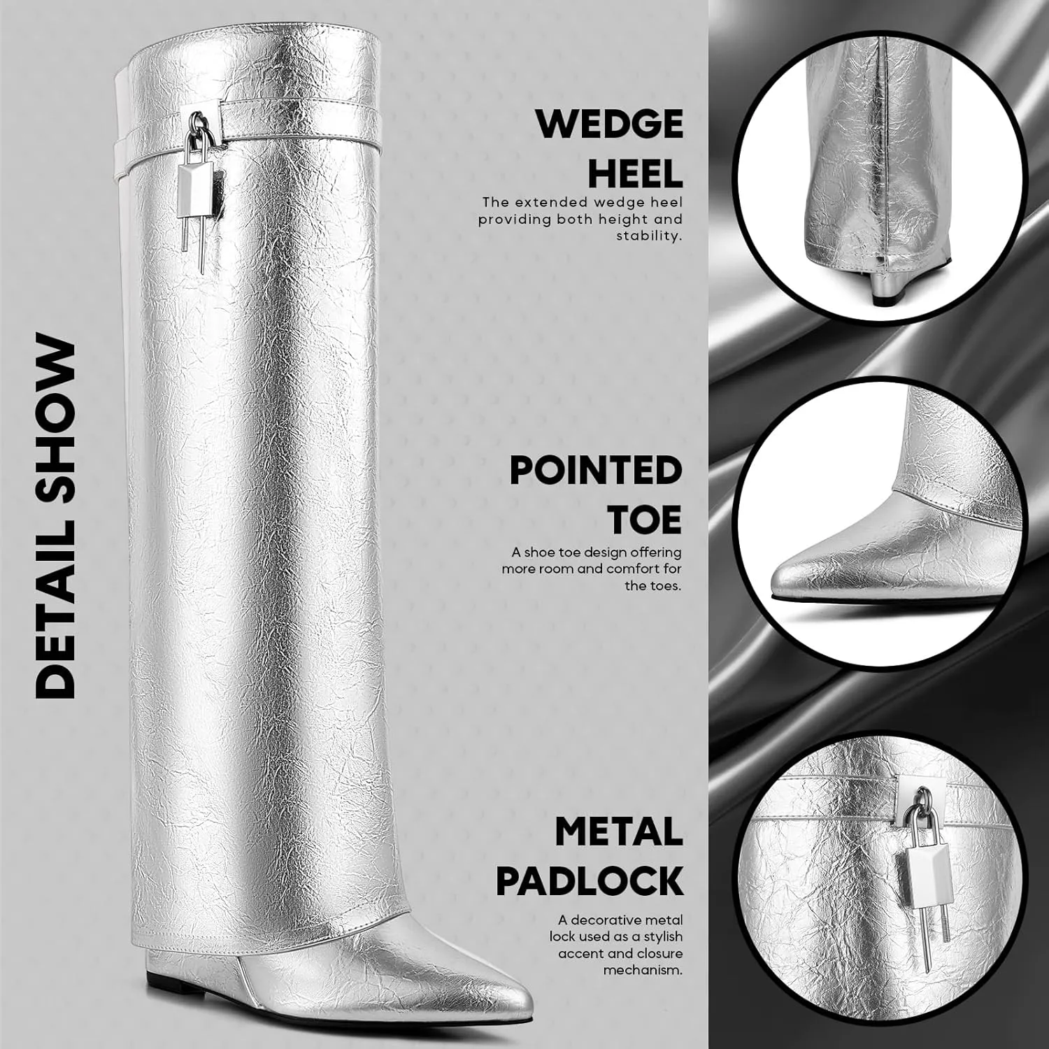 VOMIRA Fold Over Boots for Women Knee High Boots Covered Wedge Heel Almond Toe Padlock Boots Pull-on Wide Calf Boots Black Boots