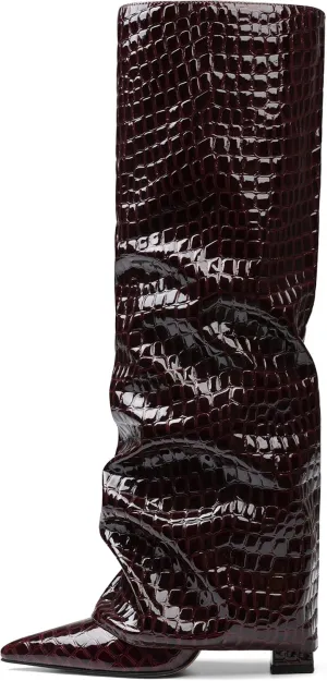 VOMIRA Fold Over Boots for Women Knee High Boots Covered Wedge Heel Almond Toe Padlock Boots Pull-on Wide Calf Boots Black Boots