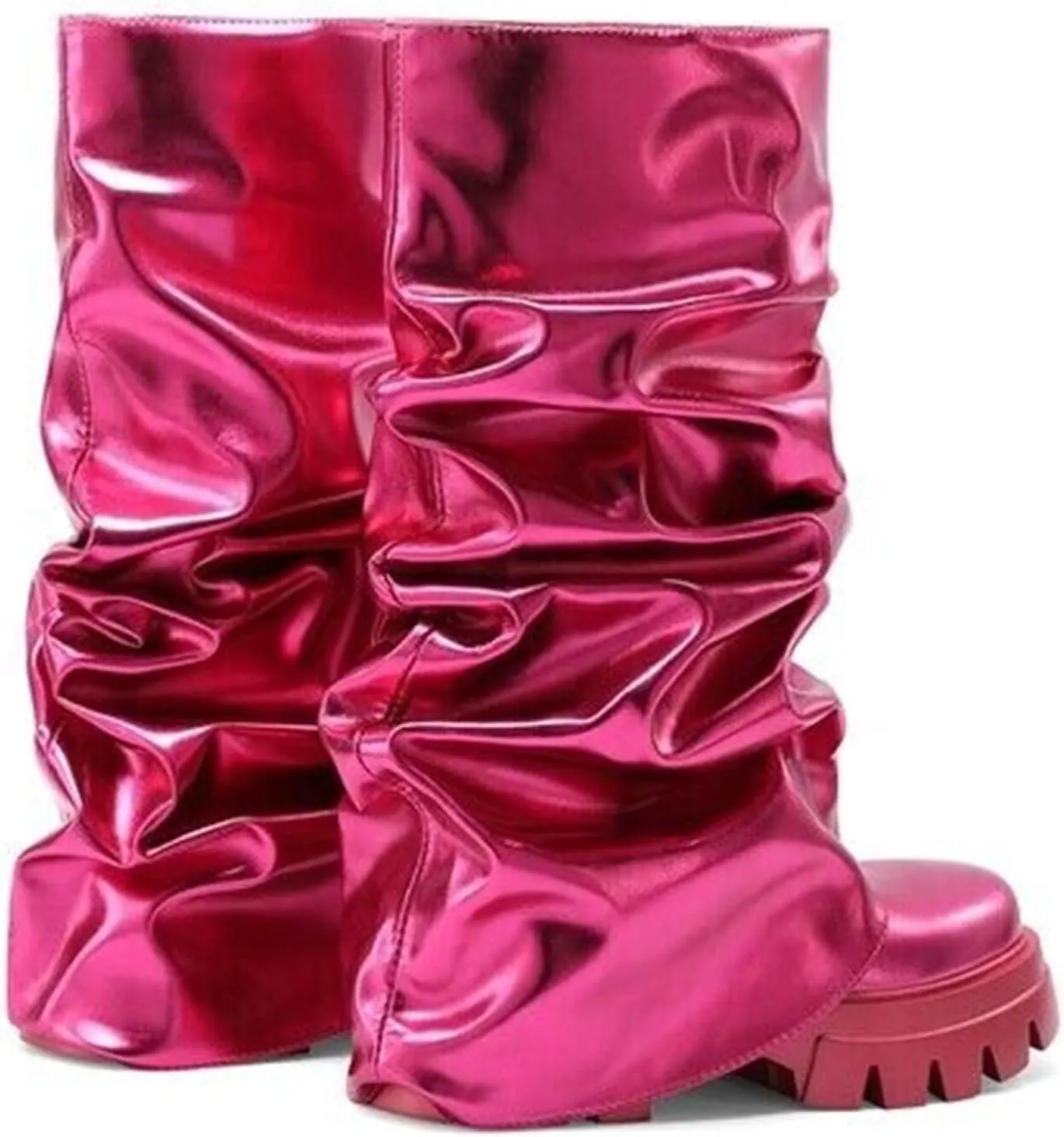 VOMIRA Women's Fold Over Boots Slouchy Boots Wide Calf Pleated Platform Boots Glitter Metallic Silver Boots Chunky Stacked Boots Mid Calf Boots