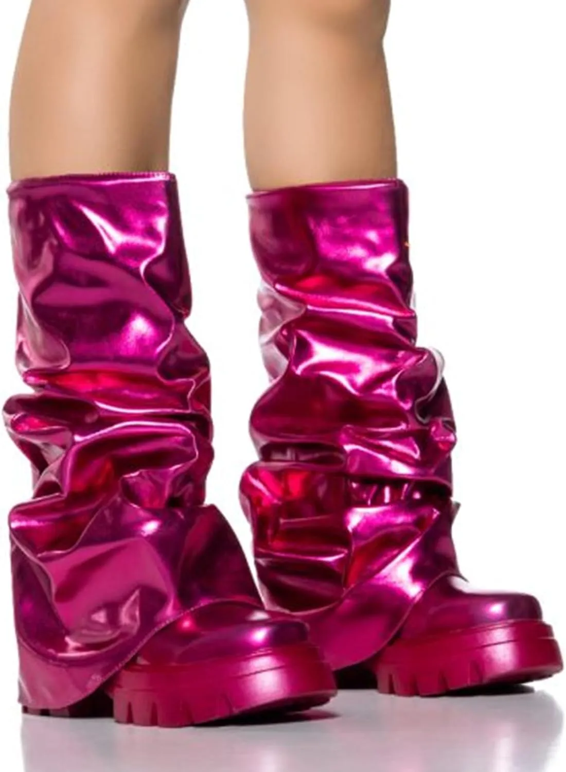 VOMIRA Women's Fold Over Boots Slouchy Boots Wide Calf Pleated Platform Boots Glitter Metallic Silver Boots Chunky Stacked Boots Mid Calf Boots