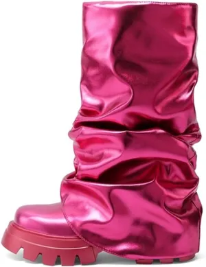 VOMIRA Women's Fold Over Boots Slouchy Boots Wide Calf Pleated Platform Boots Glitter Metallic Silver Boots Chunky Stacked Boots Mid Calf Boots