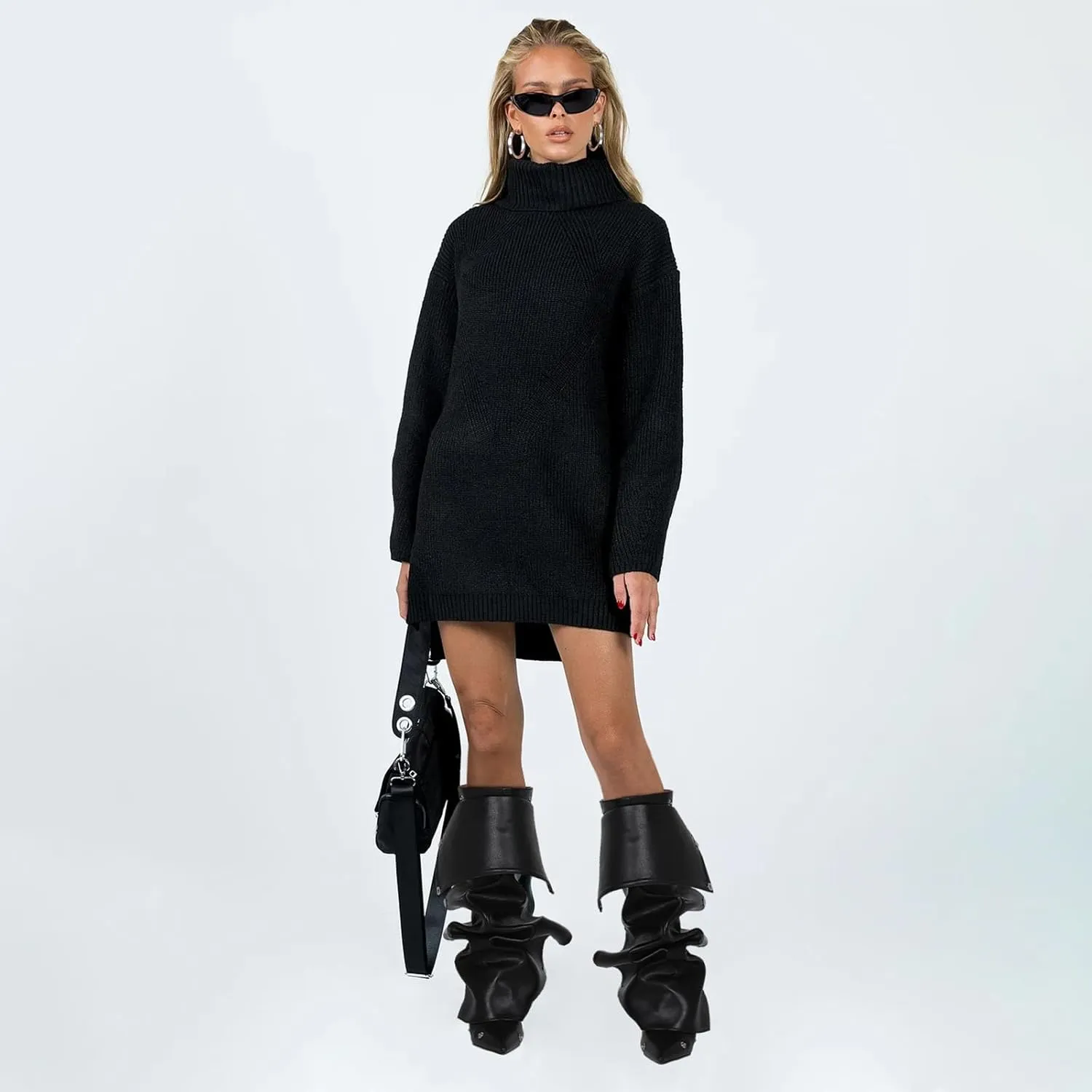 VOMIRA Women's Knee High Boots Stiletto Boots Pointed Toe High Heels Wide Calf Ruched Slouchy Boots Detachable Snap-off Panel Mid Calf Boots Black Boots