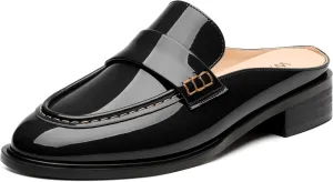 WAYDERNS Mules for Women Low Block Heel Closed Round Toe Patent Slip on Backless Mules Shoes Comfortable Casual Classic Shopping Dating Party Slides Loafer Shoes 1.4 Inch