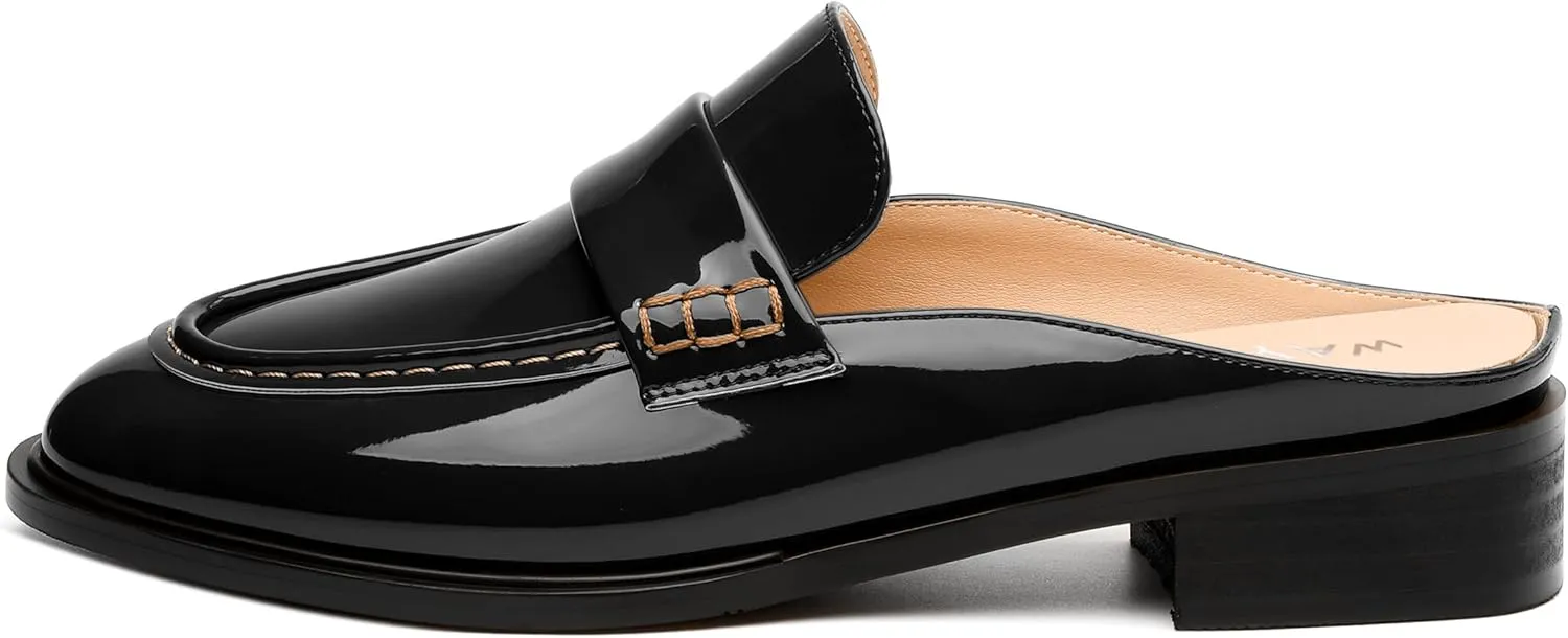 WAYDERNS Mules for Women Low Block Heel Closed Round Toe Patent Slip on Backless Mules Shoes Comfortable Casual Classic Shopping Dating Party Slides Loafer Shoes 1.4 Inch