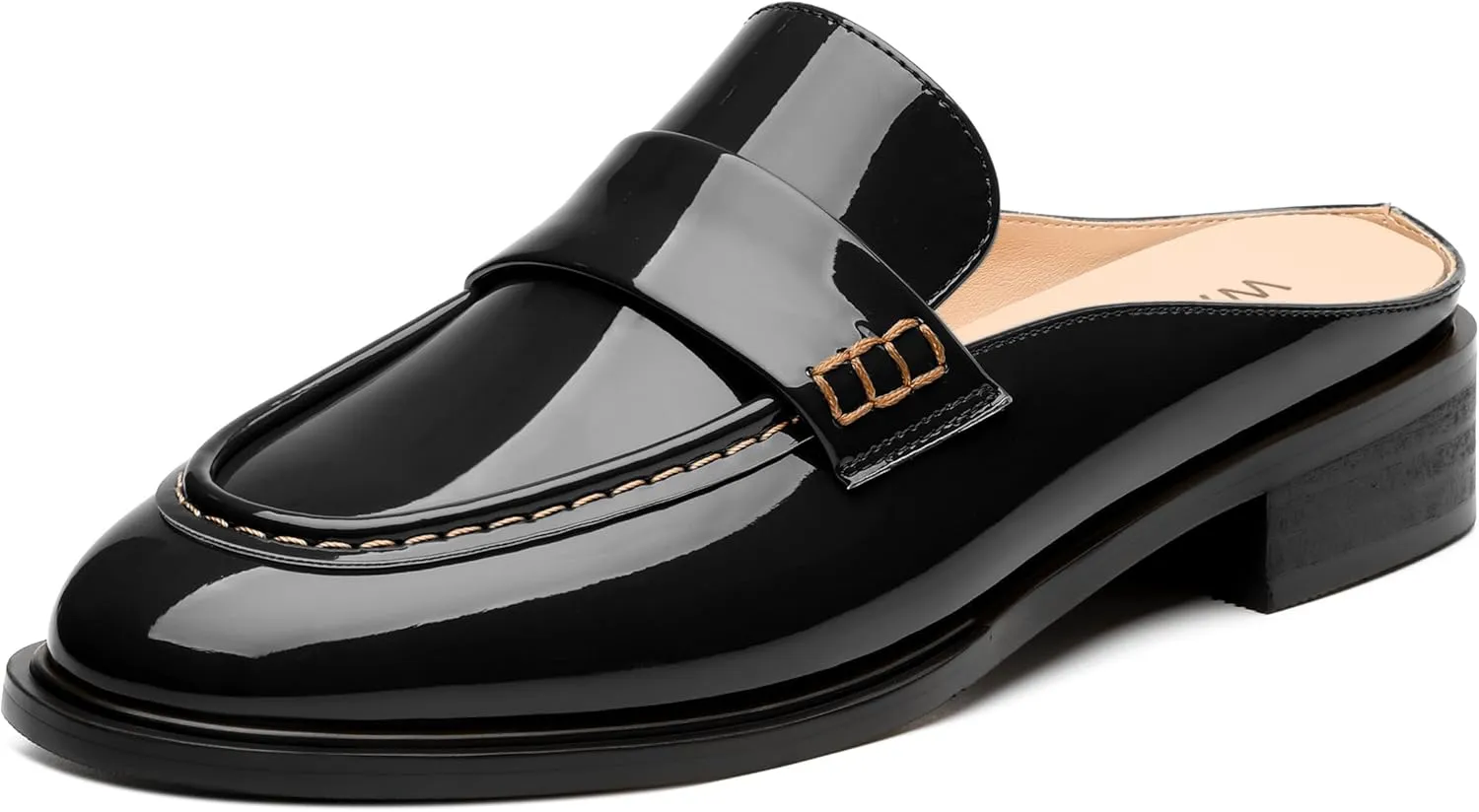WAYDERNS Mules for Women Low Block Heel Closed Round Toe Patent Slip on Backless Mules Shoes Comfortable Casual Classic Shopping Dating Party Slides Loafer Shoes 1.4 Inch