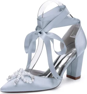 Wedding Bridal Shoes Women Bridal Pointed Toe Heels Chunky Women Dress Shoes Pumps 8.5Cm