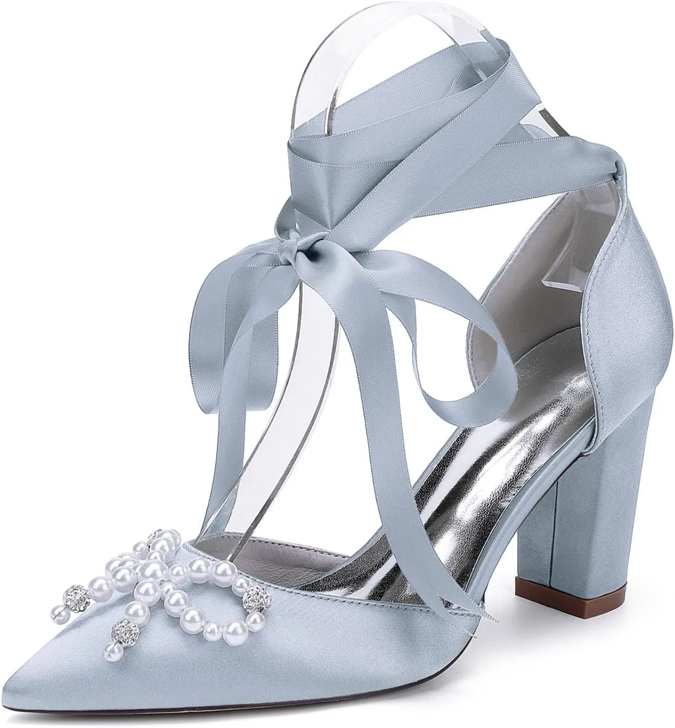 Wedding Bridal Shoes Women Bridal Pointed Toe Heels Chunky Women Dress Shoes Pumps 8.5Cm