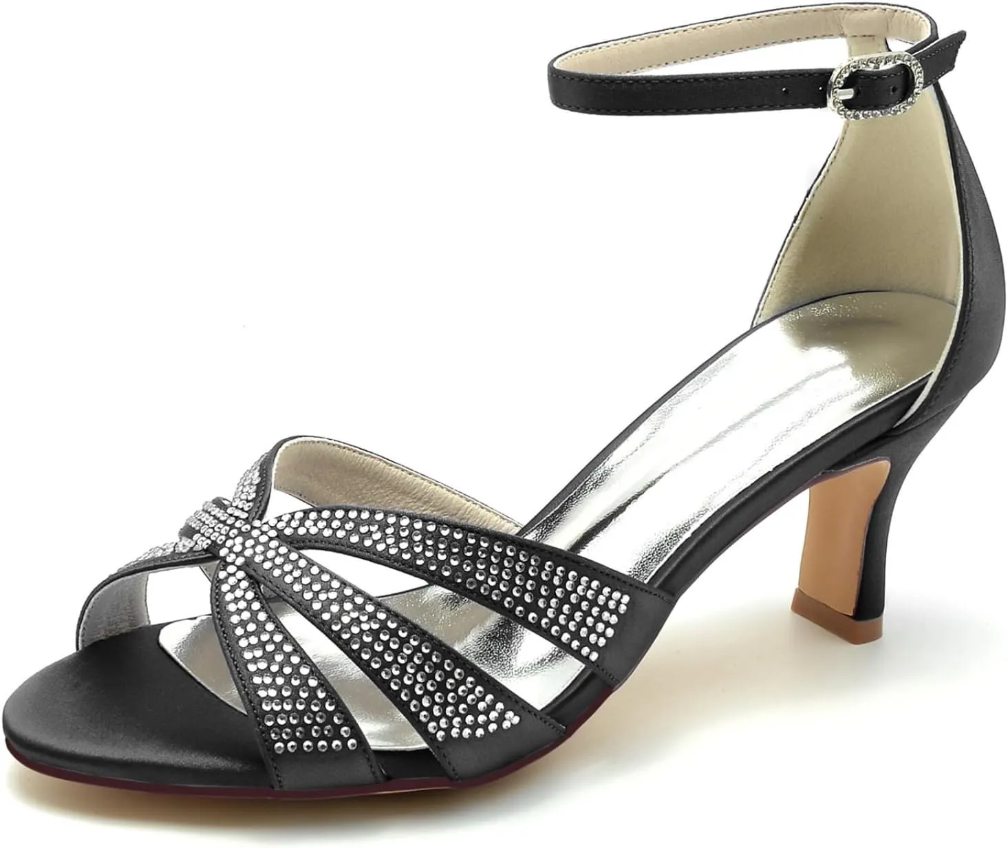 Wedding Bridal Shoes Women Sandals Peep Satin Open Toe Low Heel Ankle Strap Dress Shoes Womens Pumps Party Heels 6.5Cm,Black,10