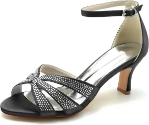 Wedding Bridal Shoes Women Sandals Peep Satin Open Toe Low Heel Ankle Strap Dress Shoes Womens Pumps Party Heels 6.5Cm,Black,11