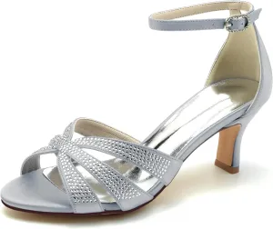 Wedding Bridal Shoes Women Sandals Peep Satin Open Toe Low Heel Ankle Strap Dress Shoes Womens Pumps Party Heels 6.5Cm,Silver,8