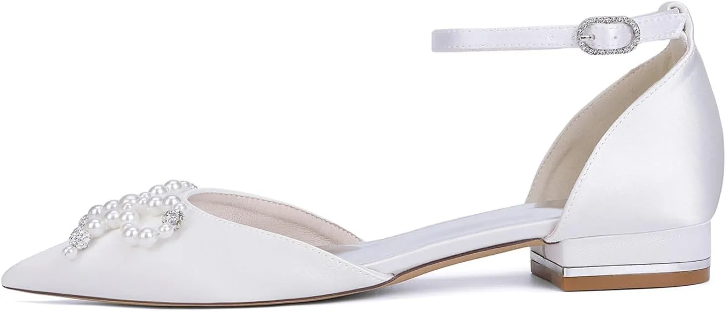Wedding Bridal Shoes Women's Elegant Pointed Toe Satin Bridal Dress Flats Shoes 2.5Cm