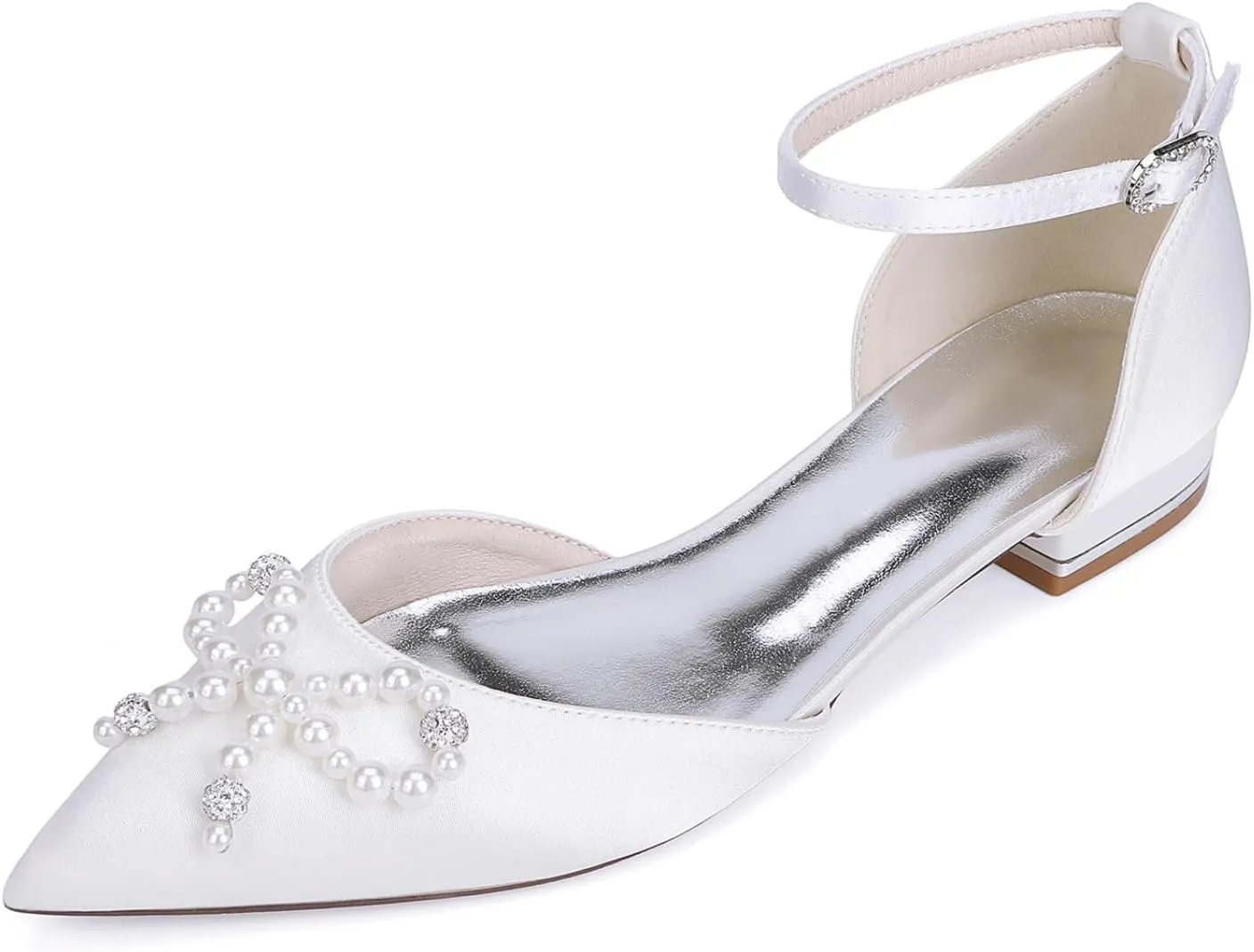 Wedding Bridal Shoes Women's Elegant Pointed Toe Satin Bridal Dress Flats Shoes 2.5Cm