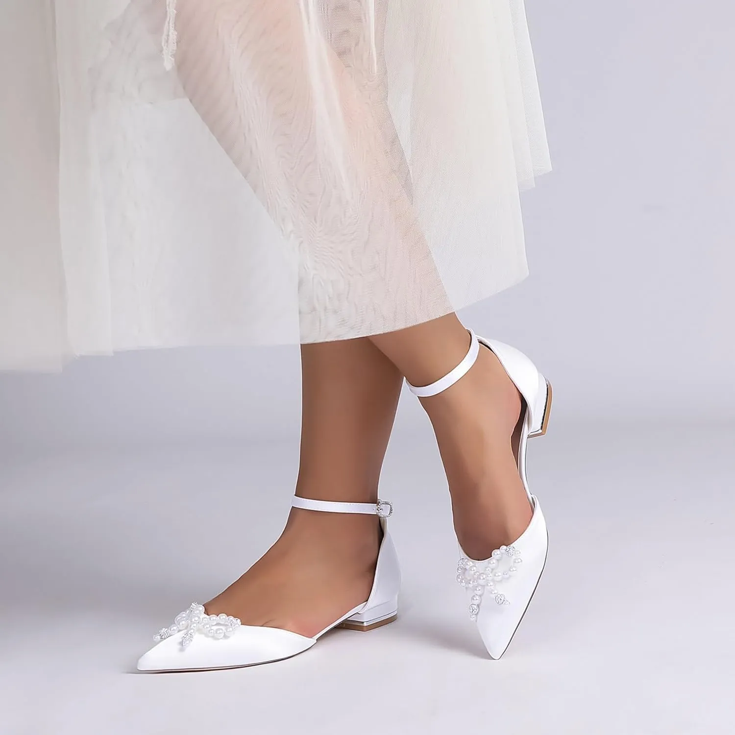Wedding Bridal Shoes Women's Elegant Pointed Toe Satin Bridal Dress Flats Shoes 2.5Cm