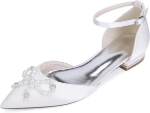 Wedding Bridal Shoes Women's Elegant Pointed Toe Satin Bridal Dress Flats Shoes 2.5Cm