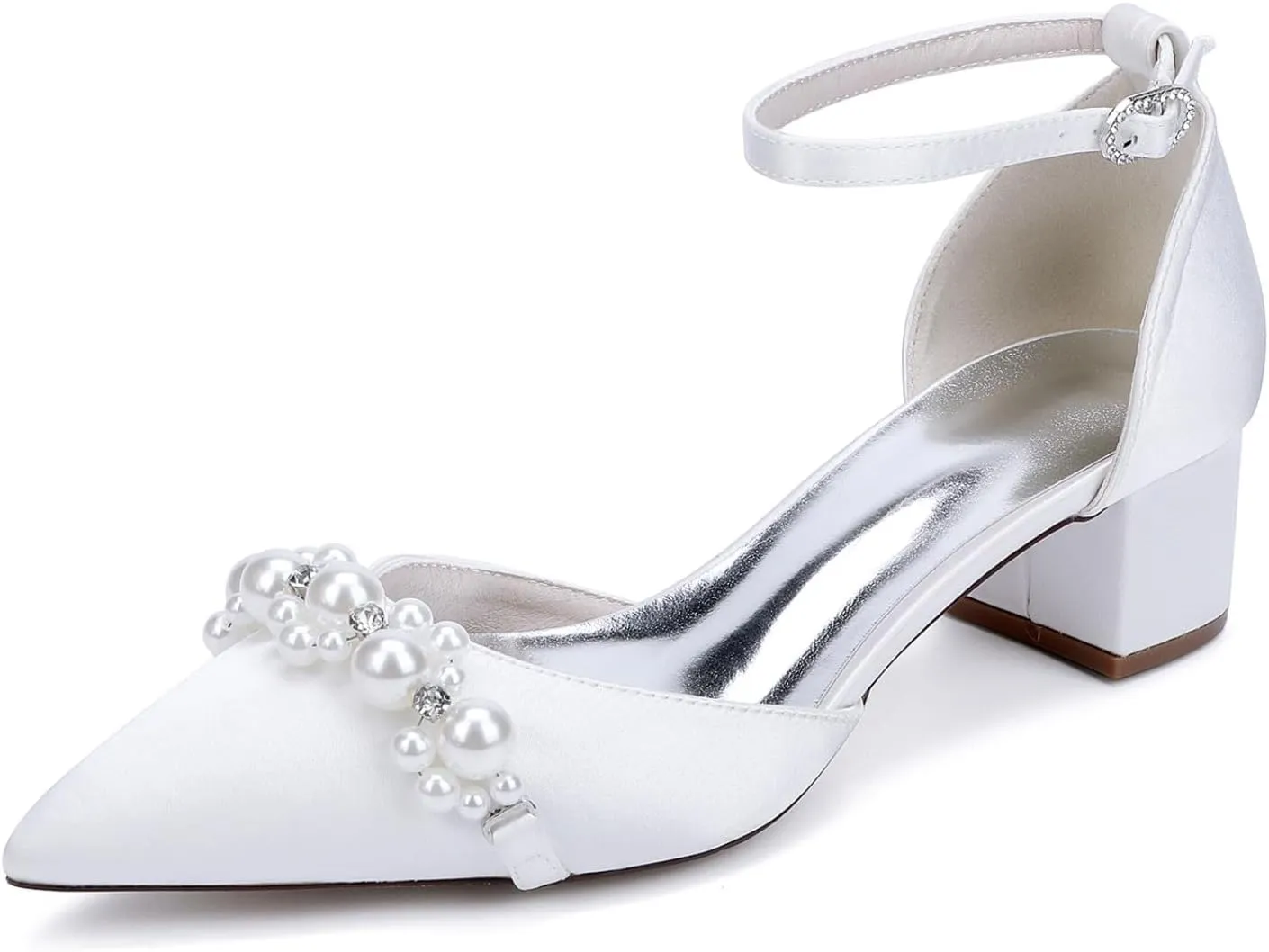 Wedding Bridal Shoes Womens Pointed Toe Pumps Shoes Bridal Ankle Strap Chunky Low Heels 4.5Cm