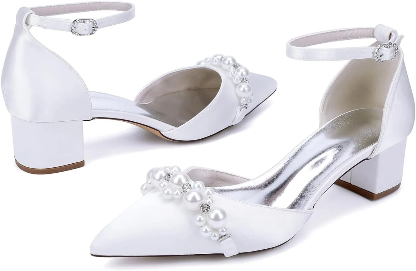 Wedding Bridal Shoes Womens Pointed Toe Pumps Shoes Bridal Ankle Strap Chunky Low Heels 4.5Cm