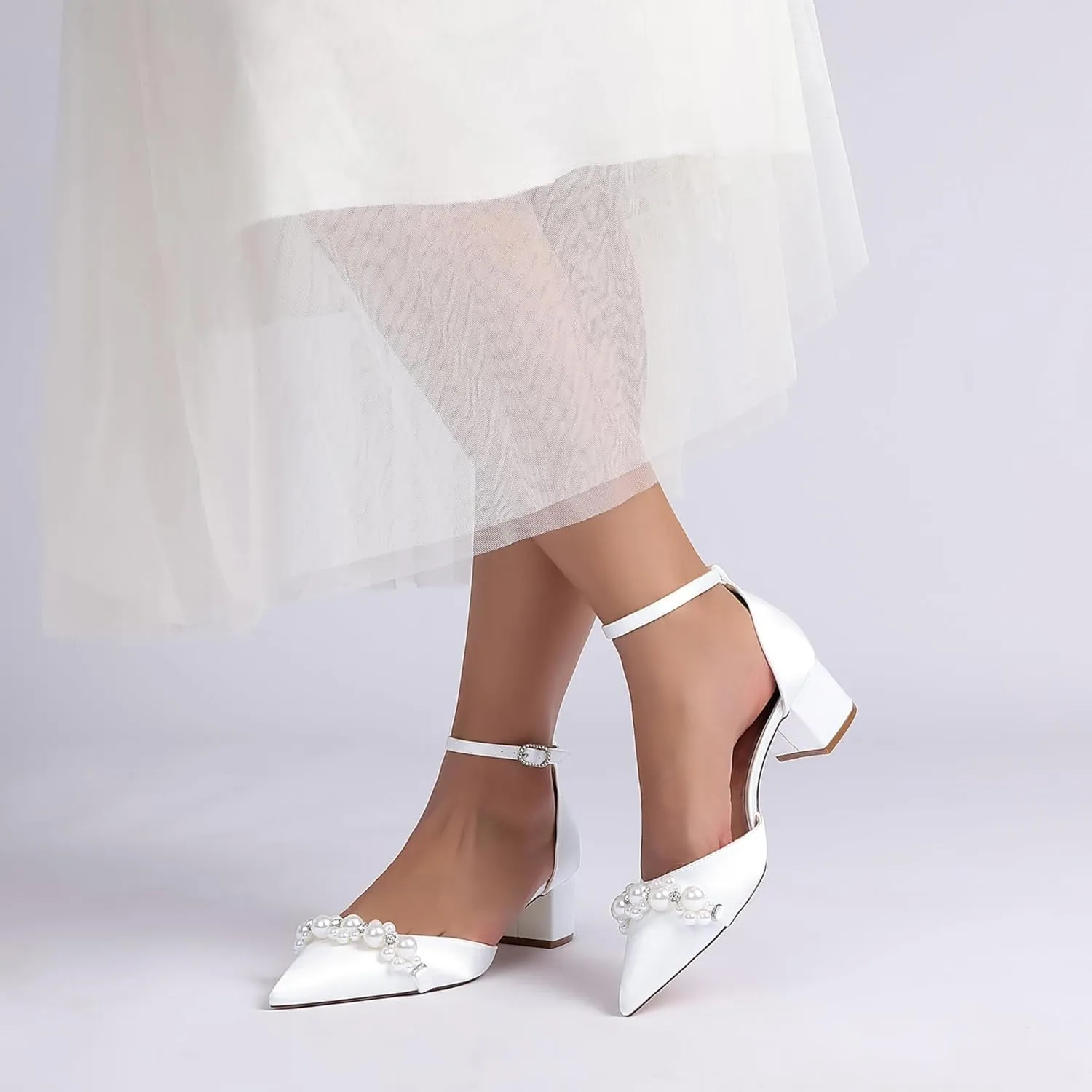 Wedding Bridal Shoes Womens Pointed Toe Pumps Shoes Bridal Ankle Strap Chunky Low Heels 4.5Cm