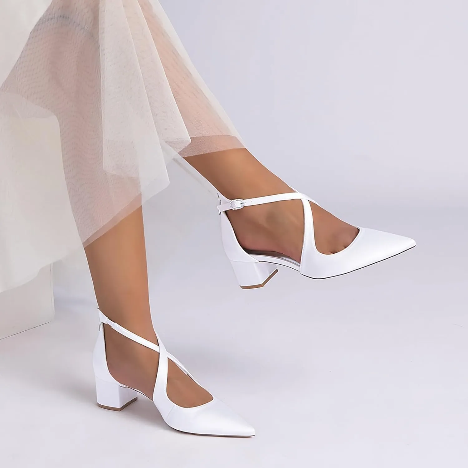 Wedding Bridal Shoes Women's Satin Pointed Toe Low Block Heels Bridal Prom Party Dress High Heels 4.5Cm