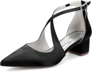 Wedding Bridal Shoes Women's Satin Pointed Toe Low Block Heels Bridal Prom Party Dress High Heels 4.5Cm