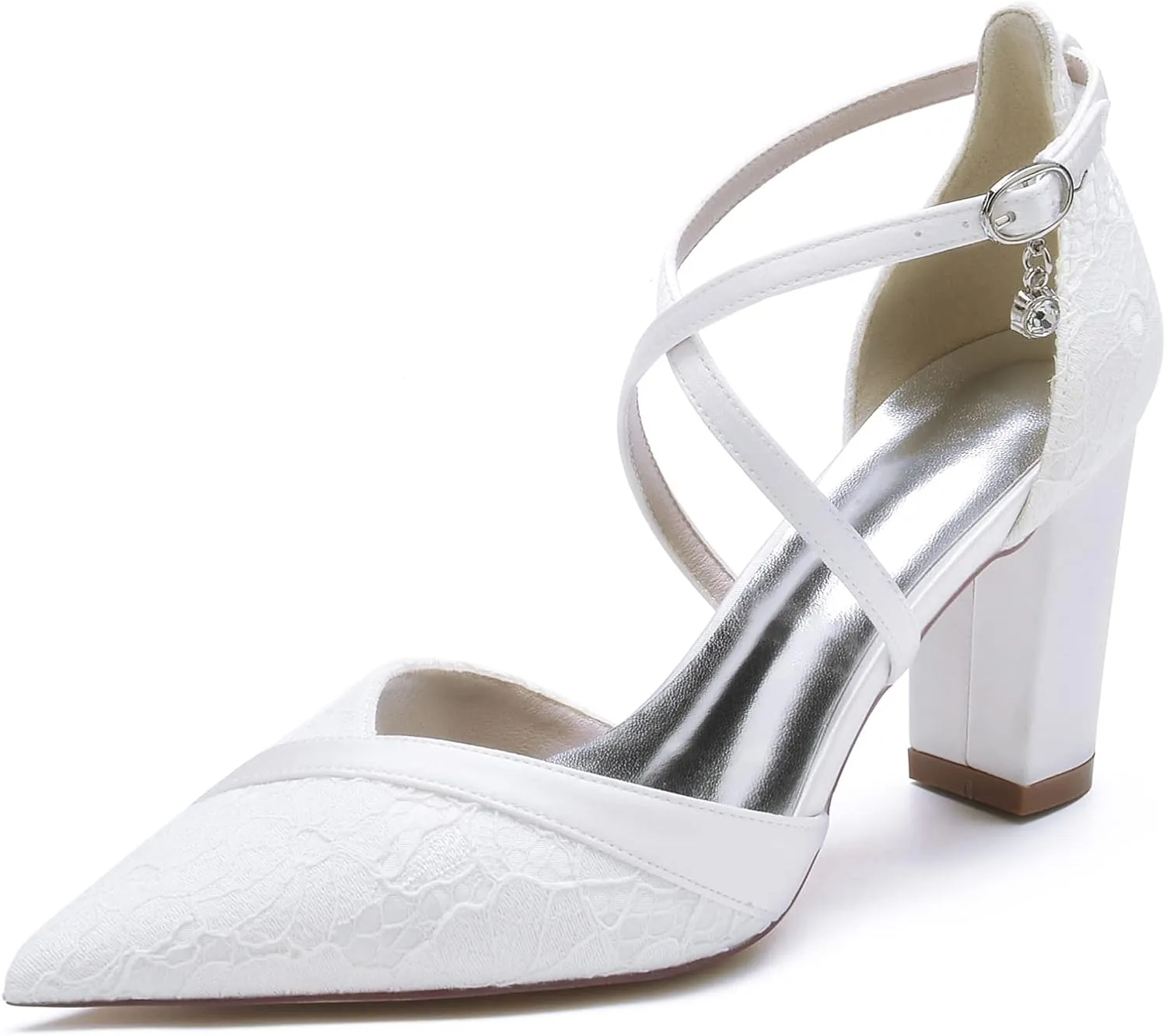 Wedding Shoes Women's Pointed Toe Satin Block Heels Bridal High Heels Summer Cross Strap Pumps Evening Party Prom Dress Shoes 8.5Cm