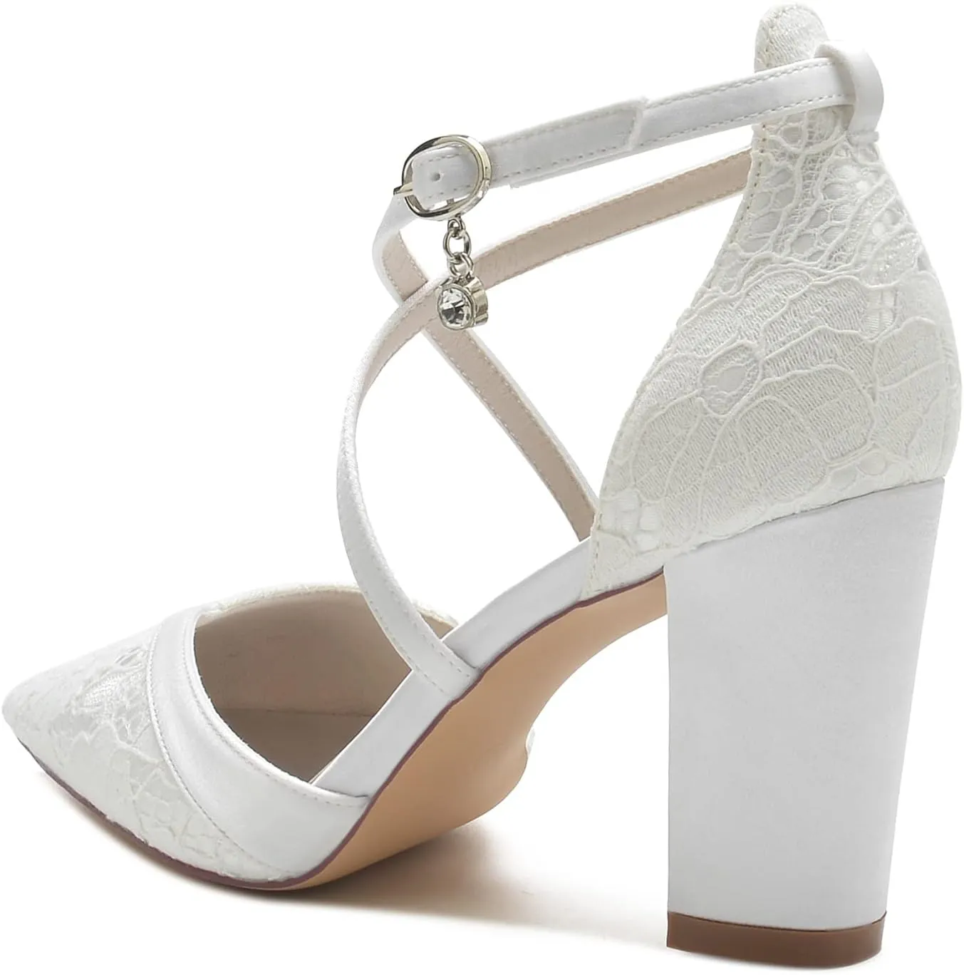 Wedding Shoes Women's Pointed Toe Satin Block Heels Bridal High Heels Summer Cross Strap Pumps Evening Party Prom Dress Shoes 8.5Cm