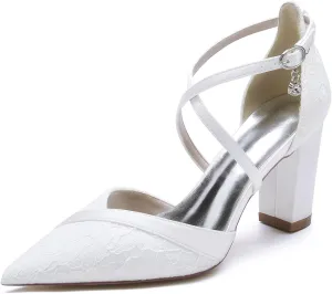 Wedding Shoes Women's Pointed Toe Satin Block Heels Bridal High Heels Summer Cross Strap Pumps Evening Party Prom Dress Shoes 8.5Cm