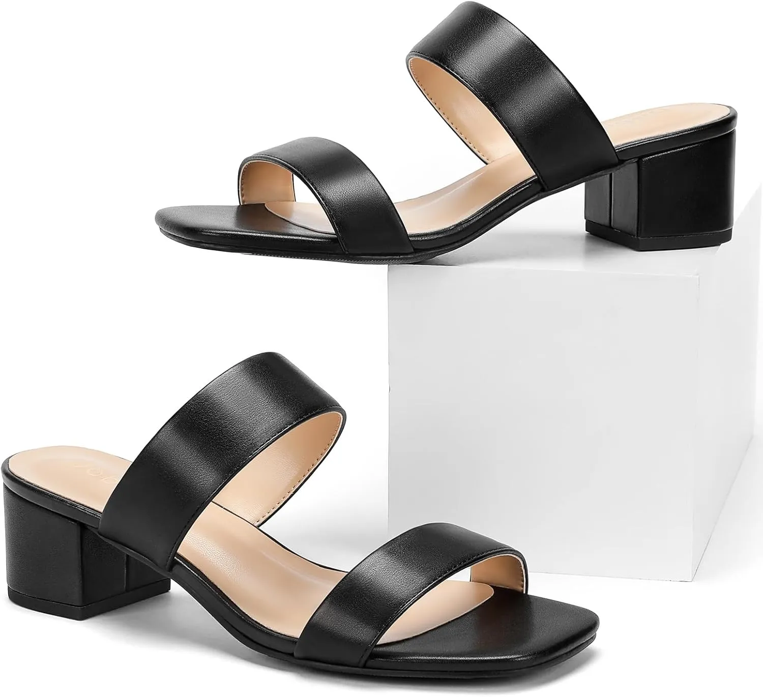 Wide Width Women's Heeled Sandals Two Strap Square Open Toe Sandals Low Heels 2-Inch Chunky Dress Shoes
