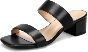 Wide Width Women's Heeled Sandals Two Strap Square Open Toe Sandals Low Heels 2-Inch Chunky Dress Shoes