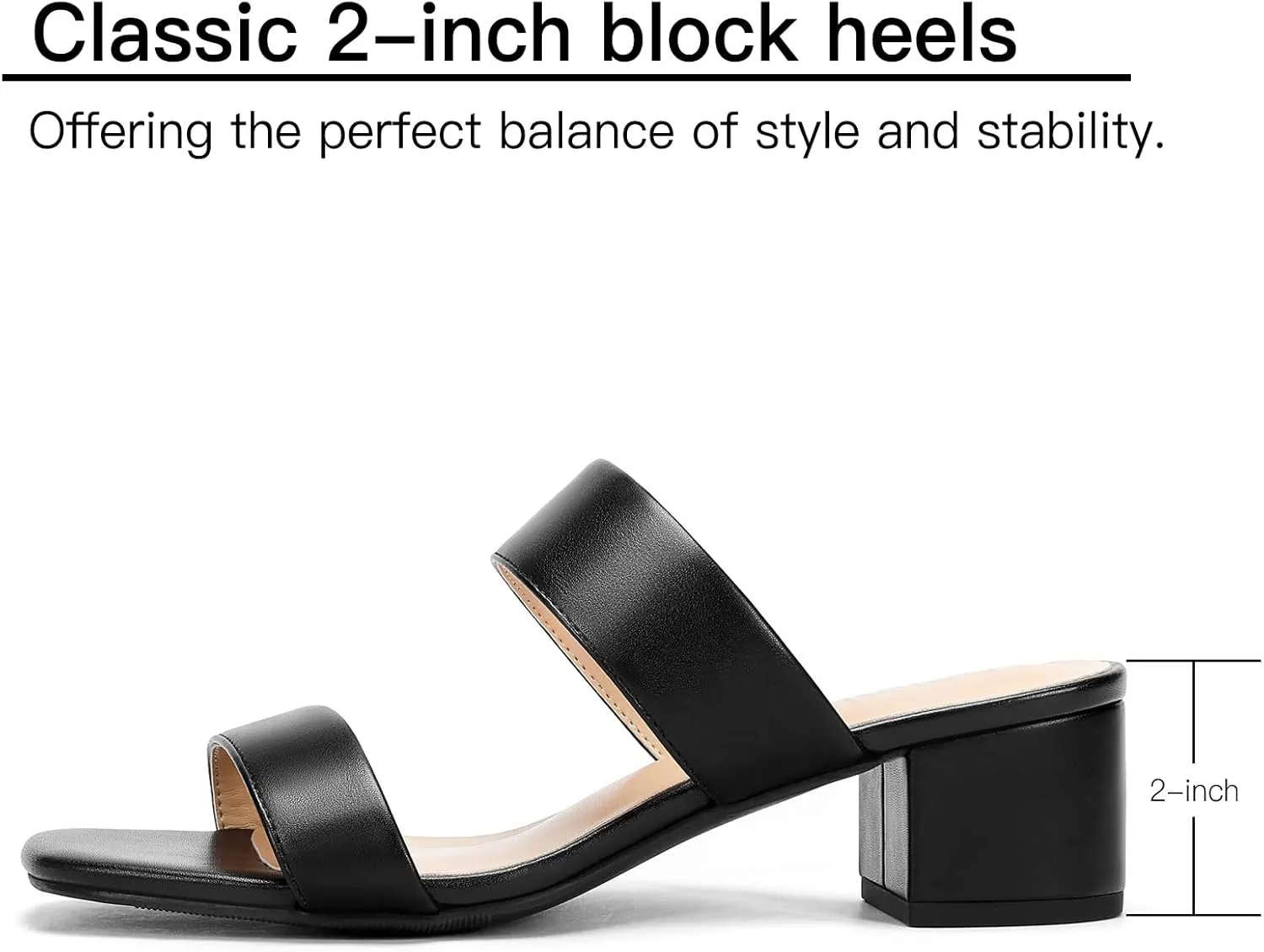 Wide Width Women's Heeled Sandals Two Strap Square Open Toe Sandals Low Heels 2-Inch Chunky Dress Shoes