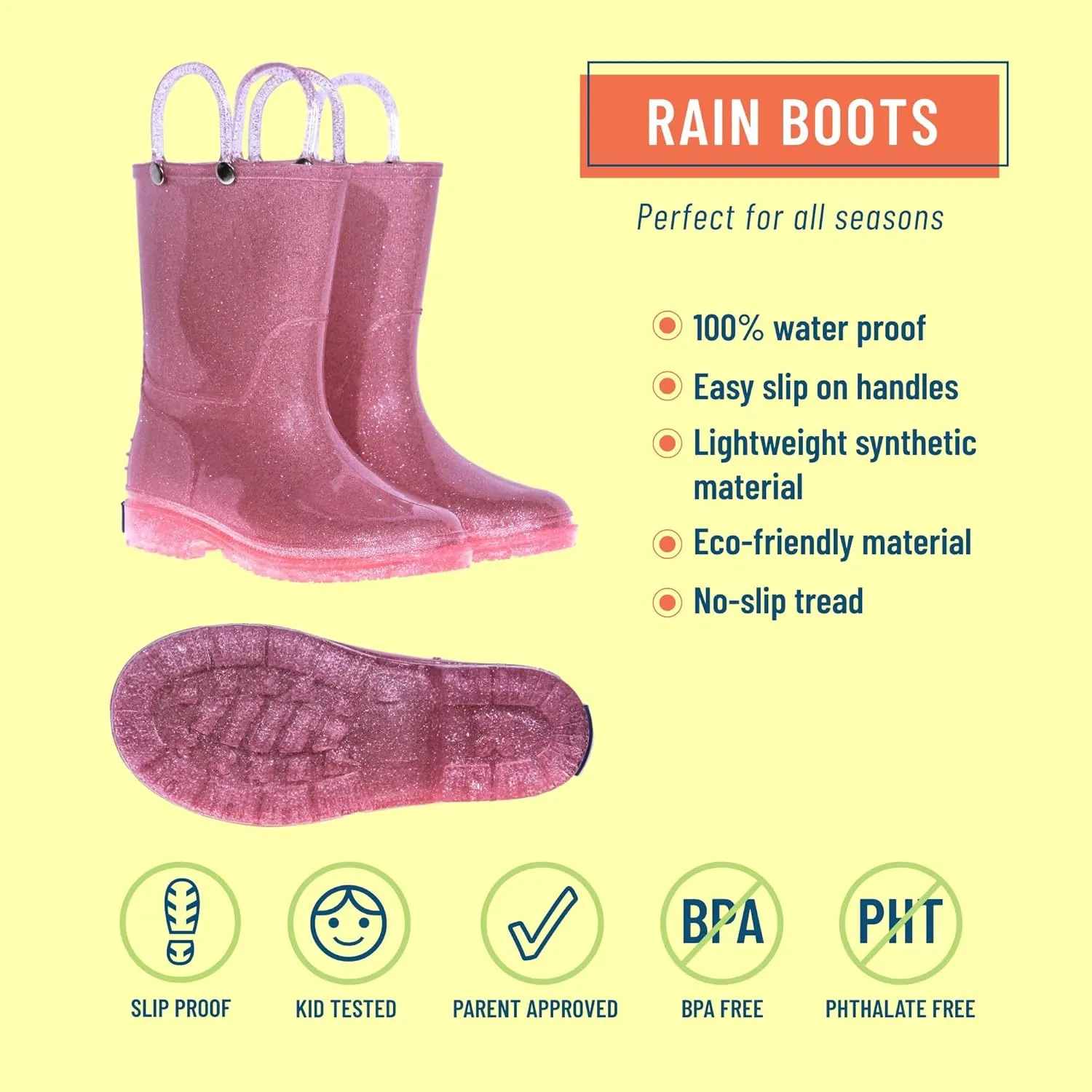 Wildkin Kids Rain Boots – 100% Waterproof with Slip-Resistant Tread & Easy Pull Handles