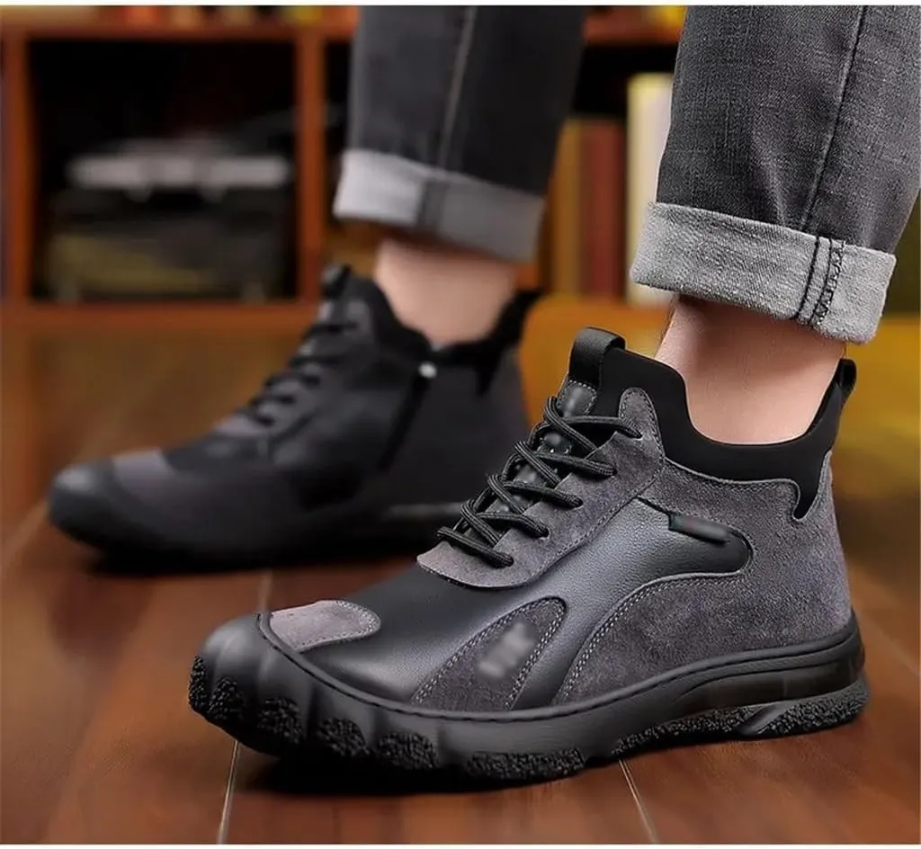 Winter Warm Leather Shoes Men's Cotton Shoes High Top Plus Fleece Sneakers Casual Woolen Leather Boots Men(41 Code)