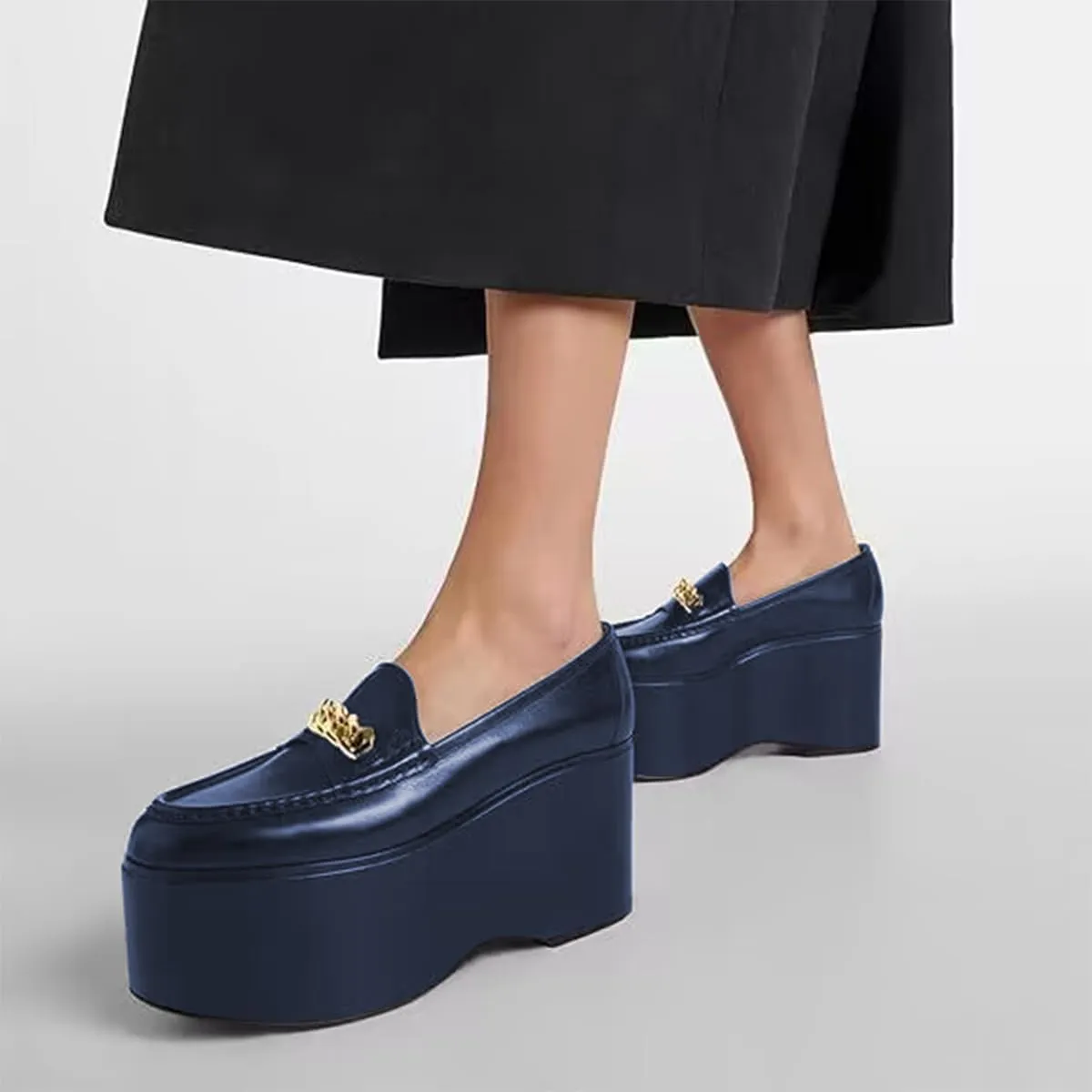 Women Chic Round Toe Chain Decoration Thick Sole Platform Loafers Slip on Graceful Party Homecoming Pump Shoes Size 4-16 US