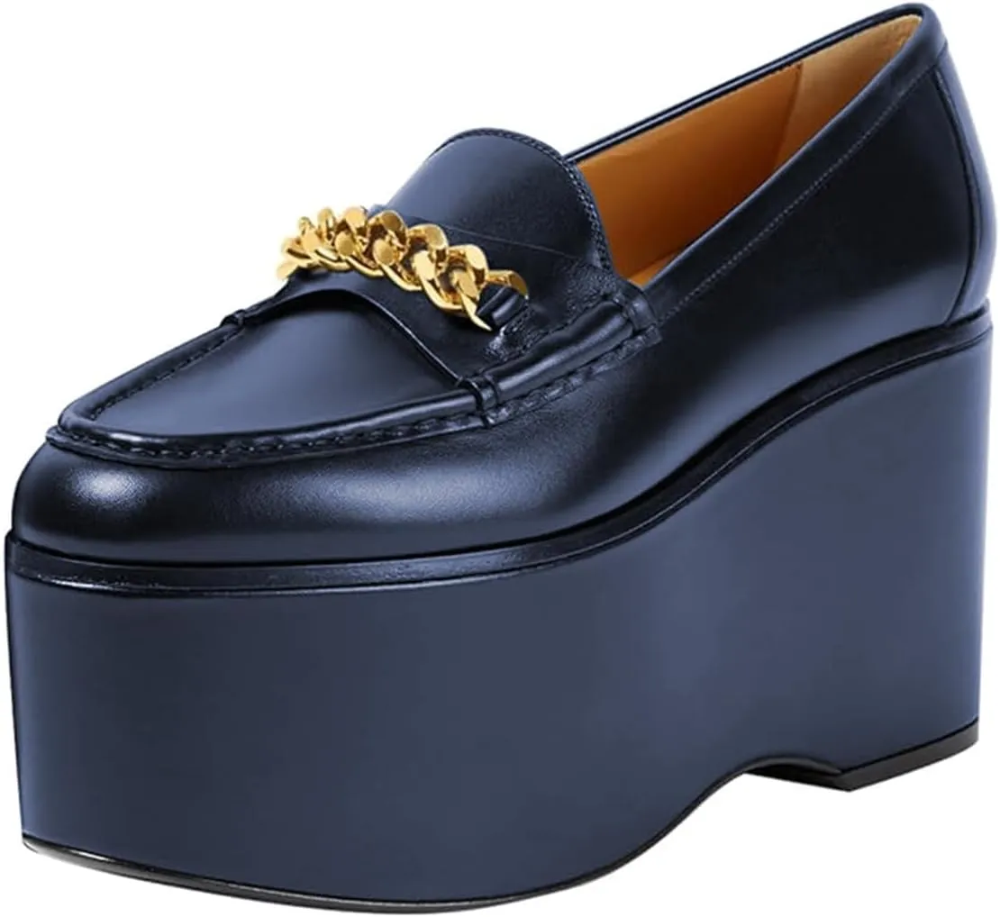Women Chic Round Toe Chain Decoration Thick Sole Platform Loafers Slip on Graceful Party Homecoming Pump Shoes Size 4-16 US