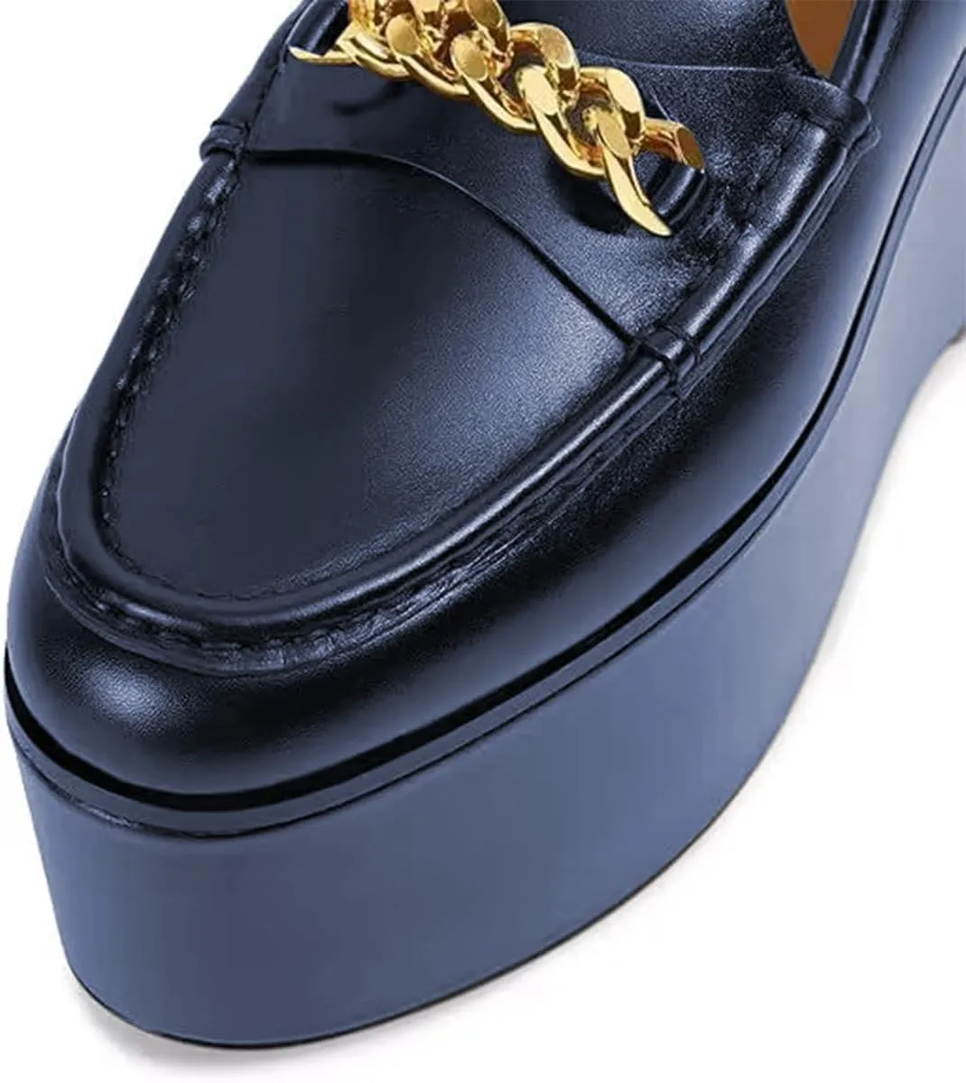 Women Chic Round Toe Chain Decoration Thick Sole Platform Loafers Slip on Graceful Party Homecoming Pump Shoes Size 4-16 US
