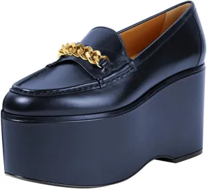 Women Chic Round Toe Chain Decoration Thick Sole Platform Loafers Slip on Graceful Party Homecoming Pump Shoes Size 4-16 US