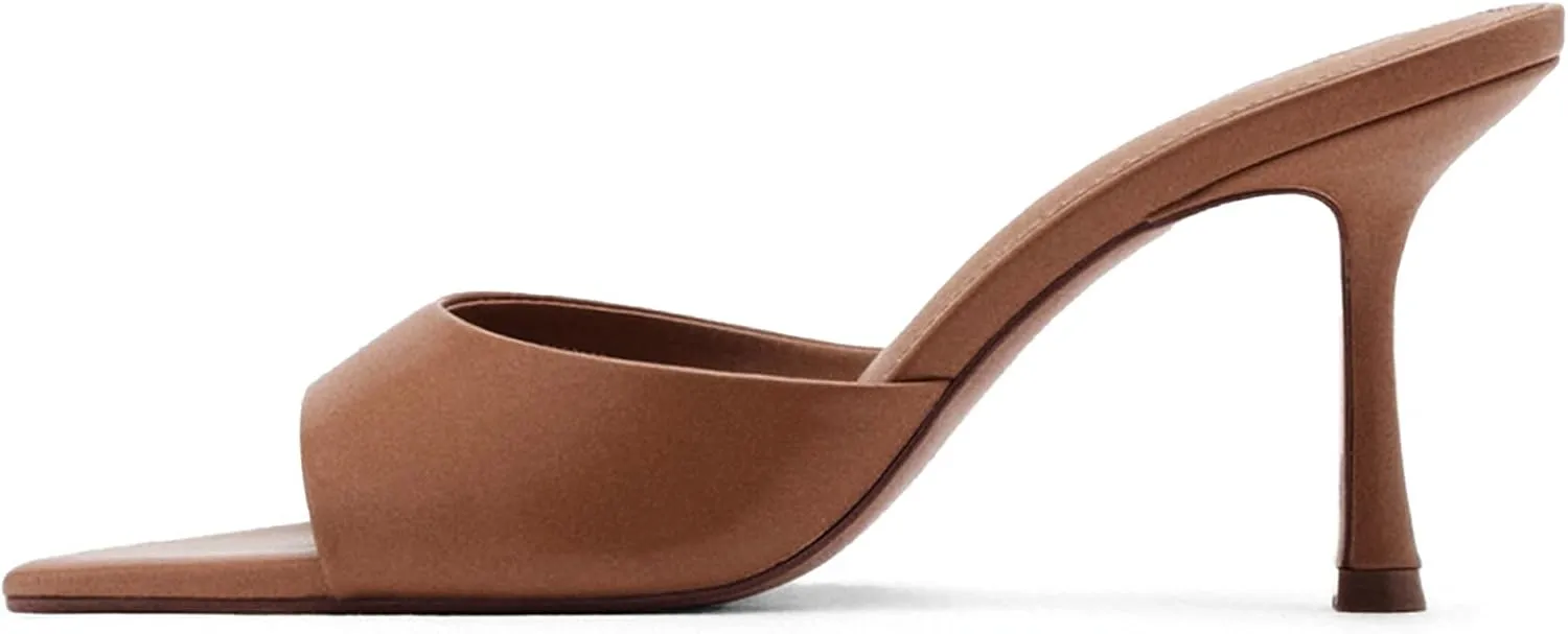 Women Heeled Mules Pointed Peep Toe Stiletto High Heel Slip on Backless Summer Mules Slide Sandals Fashion Dress Shoes