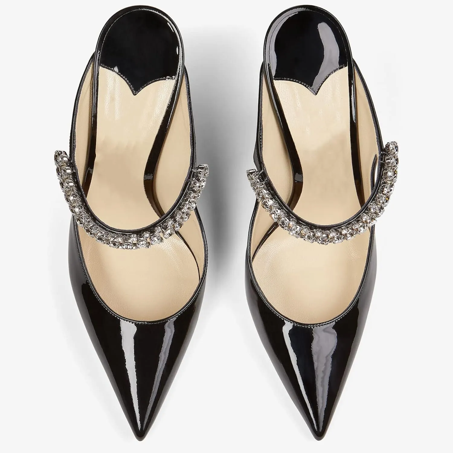 Women High Heeled Mules Crystal Embellished Strap Mules Pointed Toe Stiletto Heels Patent Leather Bridal Wedding Party Dress Shoes 5-13US