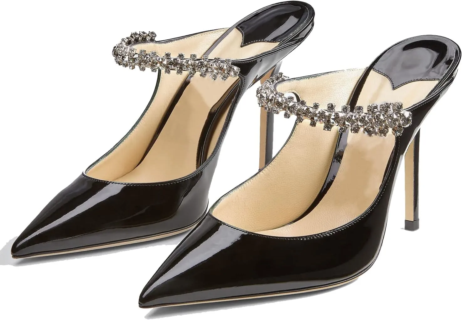 Women High Heeled Mules Crystal Embellished Strap Mules Pointed Toe Stiletto Heels Patent Leather Bridal Wedding Party Dress Shoes 5-13US