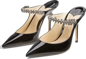 Women High Heeled Mules Crystal Embellished Strap Mules Pointed Toe Stiletto Heels Patent Leather Bridal Wedding Party Dress Shoes 5-13US