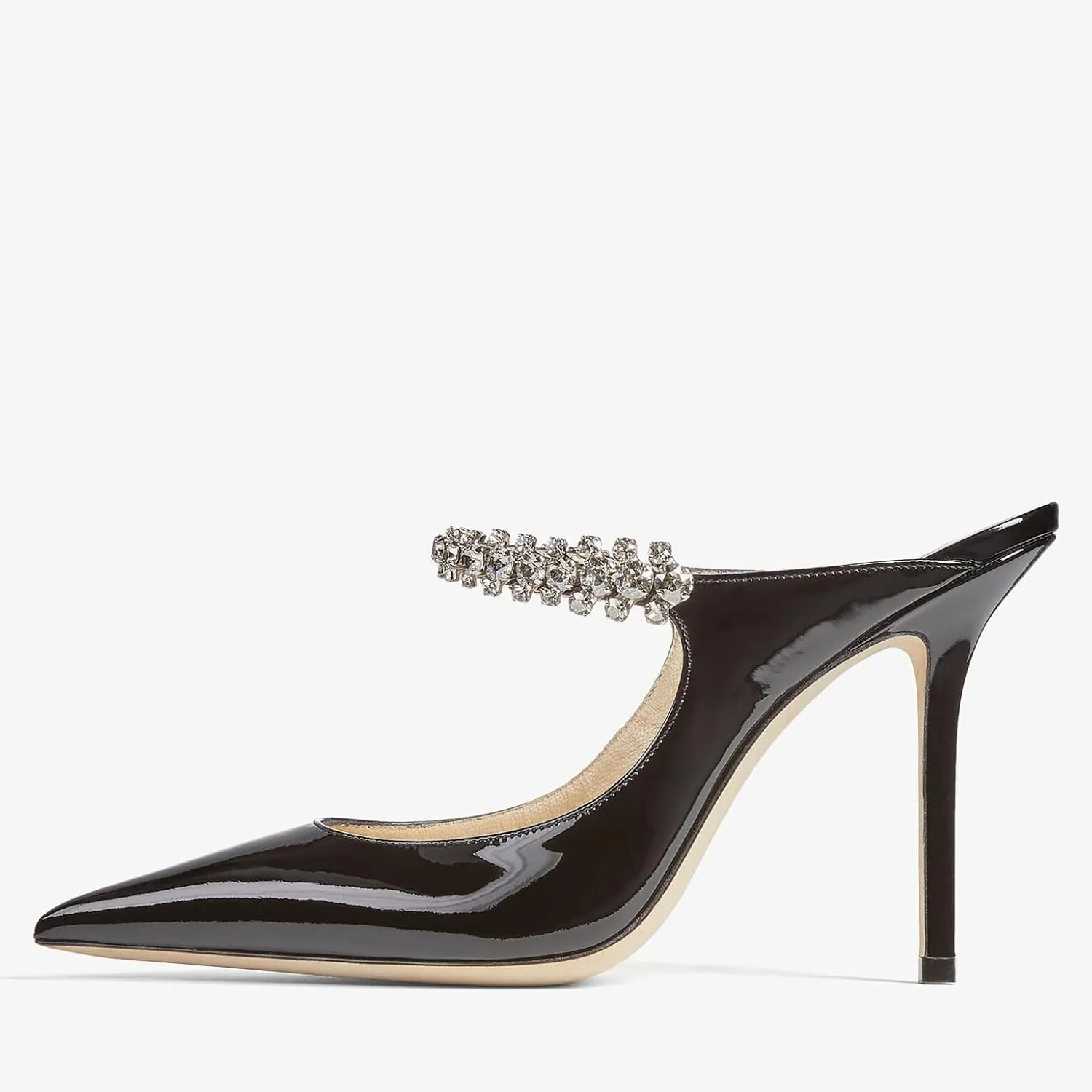 Women High Heeled Mules Crystal Embellished Strap Mules Pointed Toe Stiletto Heels Patent Leather Bridal Wedding Party Dress Shoes 5-13US
