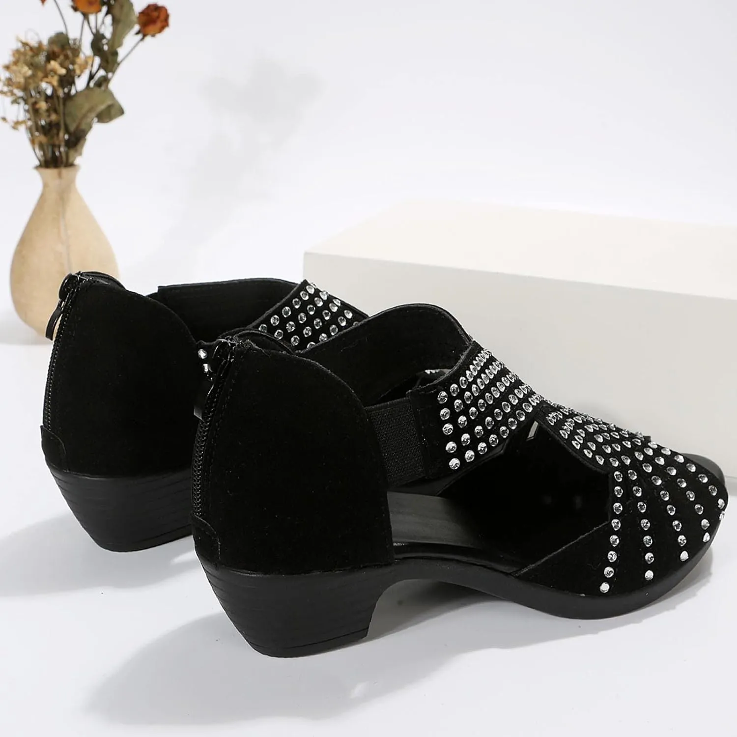 Women Point Toe Sandals Rhinestone Decor Open-Toe Roman Snadal with Back Zipper Summer Dressy Casual Shoes