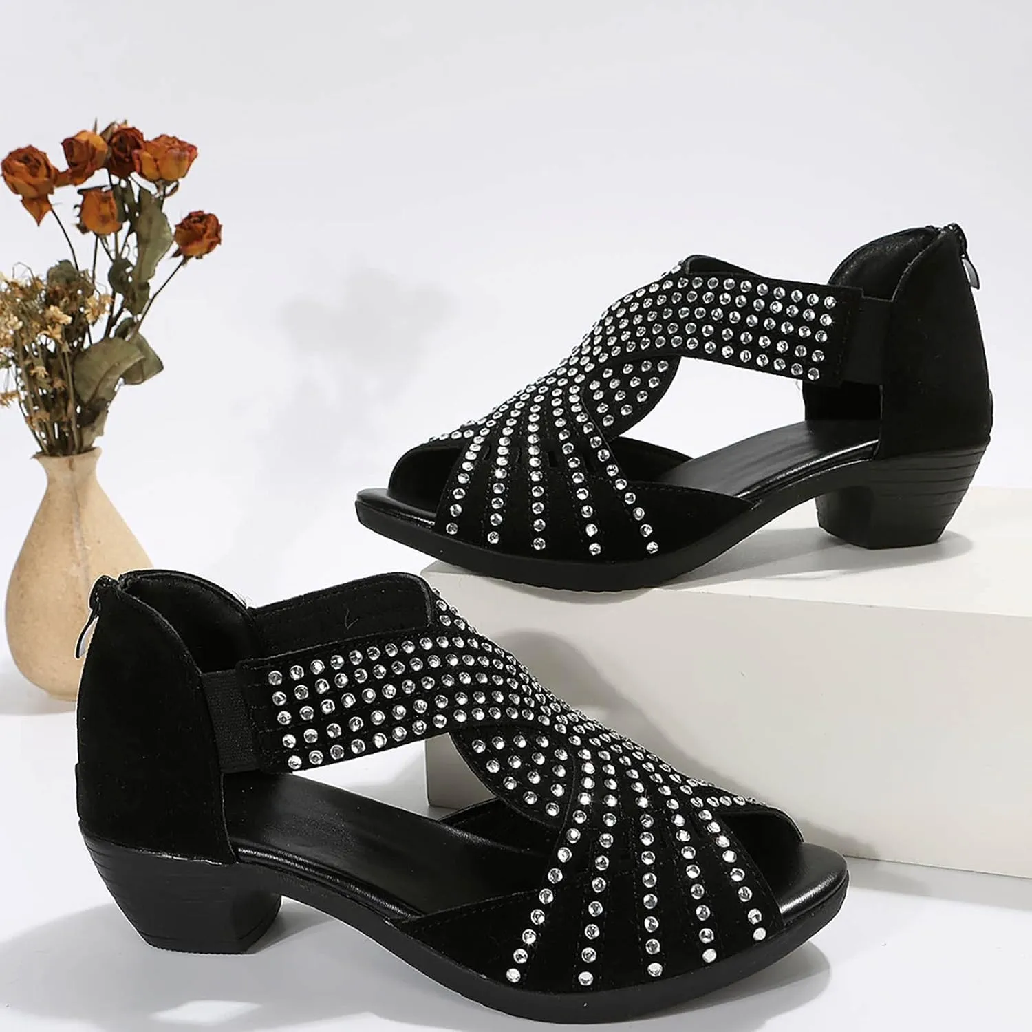 Women Point Toe Sandals Rhinestone Decor Open-Toe Roman Snadal with Back Zipper Summer Dressy Casual Shoes