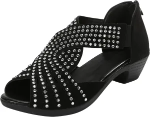 Women Point Toe Sandals Rhinestone Decor Open-Toe Roman Snadal with Back Zipper Summer Dressy Casual Shoes