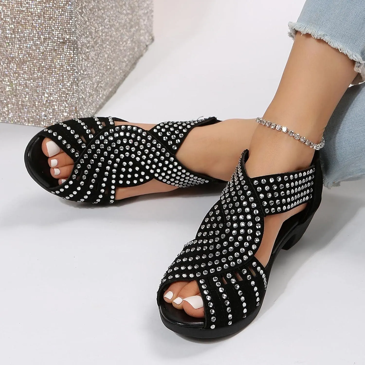 Women Point Toe Sandals Rhinestone Decor Open-Toe Roman Snadal with Back Zipper Summer Dressy Casual Shoes