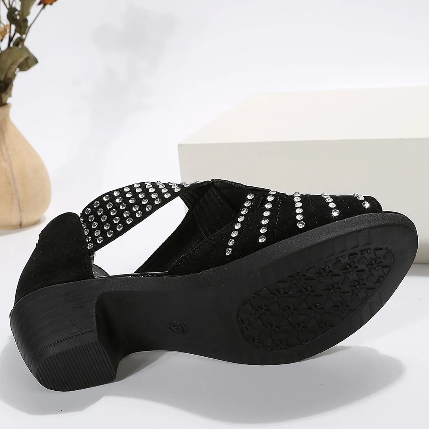 Women Point Toe Sandals Rhinestone Decor Open-Toe Roman Snadal with Back Zipper Summer Dressy Casual Shoes