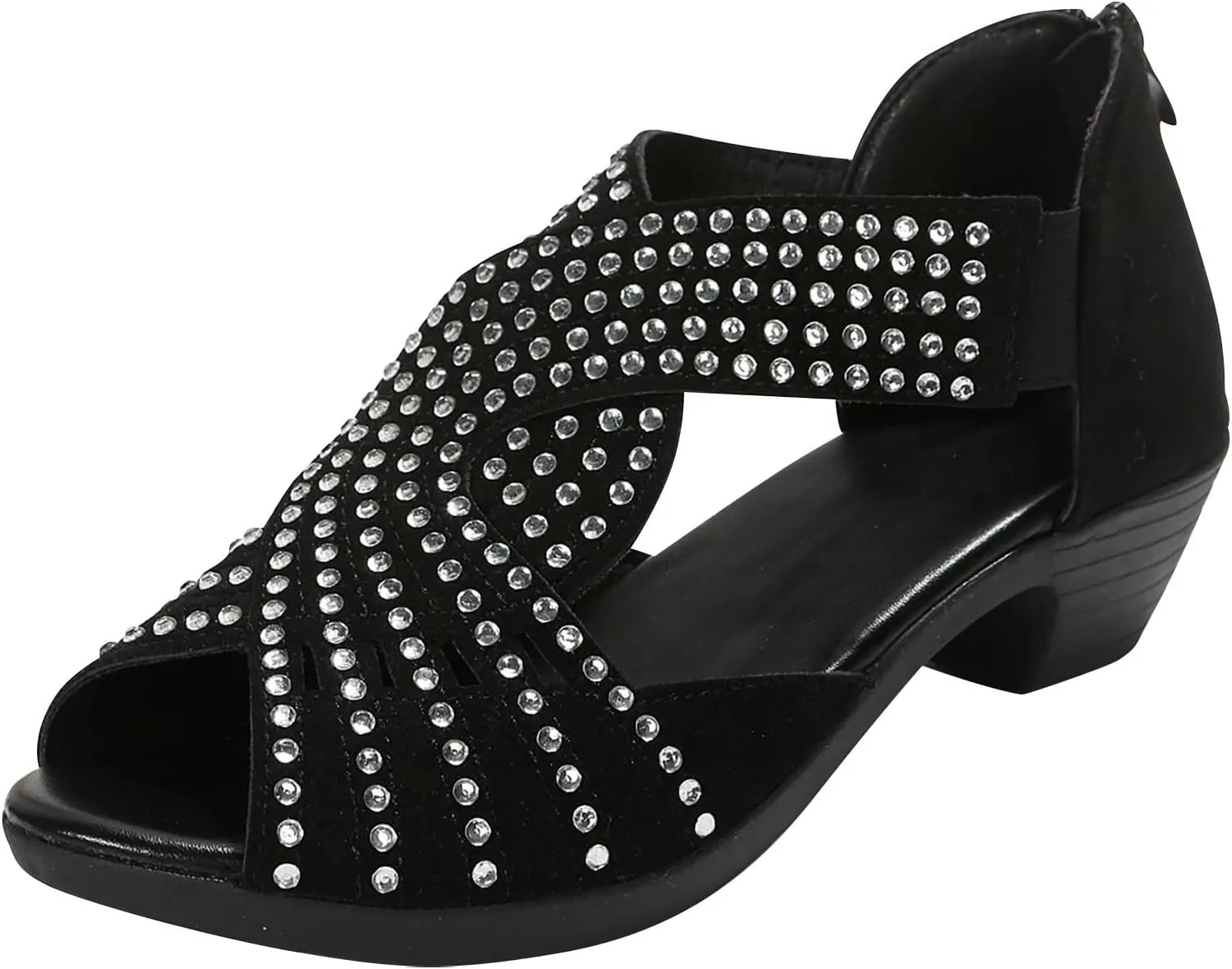 Women Point Toe Sandals Rhinestone Decor Open-Toe Roman Snadal with Back Zipper Summer Dressy Casual Shoes