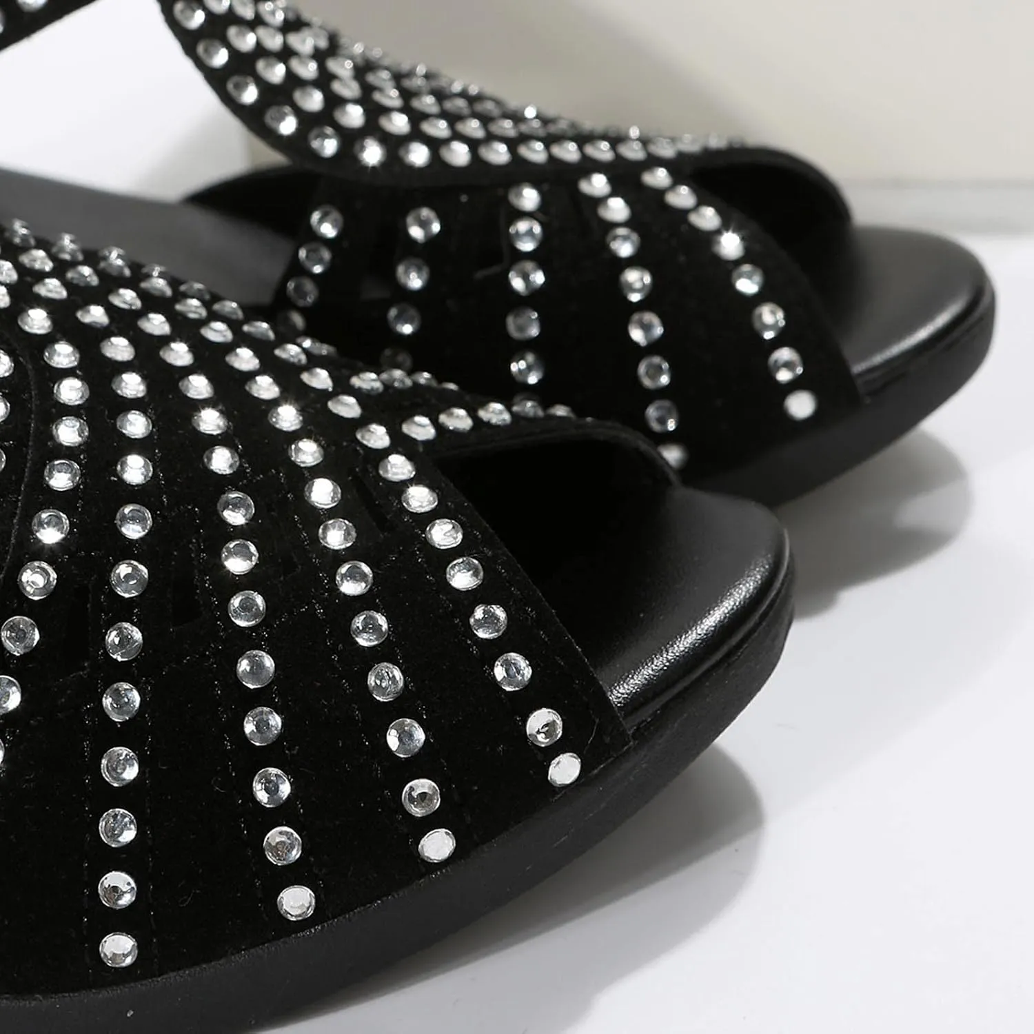 Women Point Toe Sandals Rhinestone Decor Open-Toe Roman Snadal with Back Zipper Summer Dressy Casual Shoes