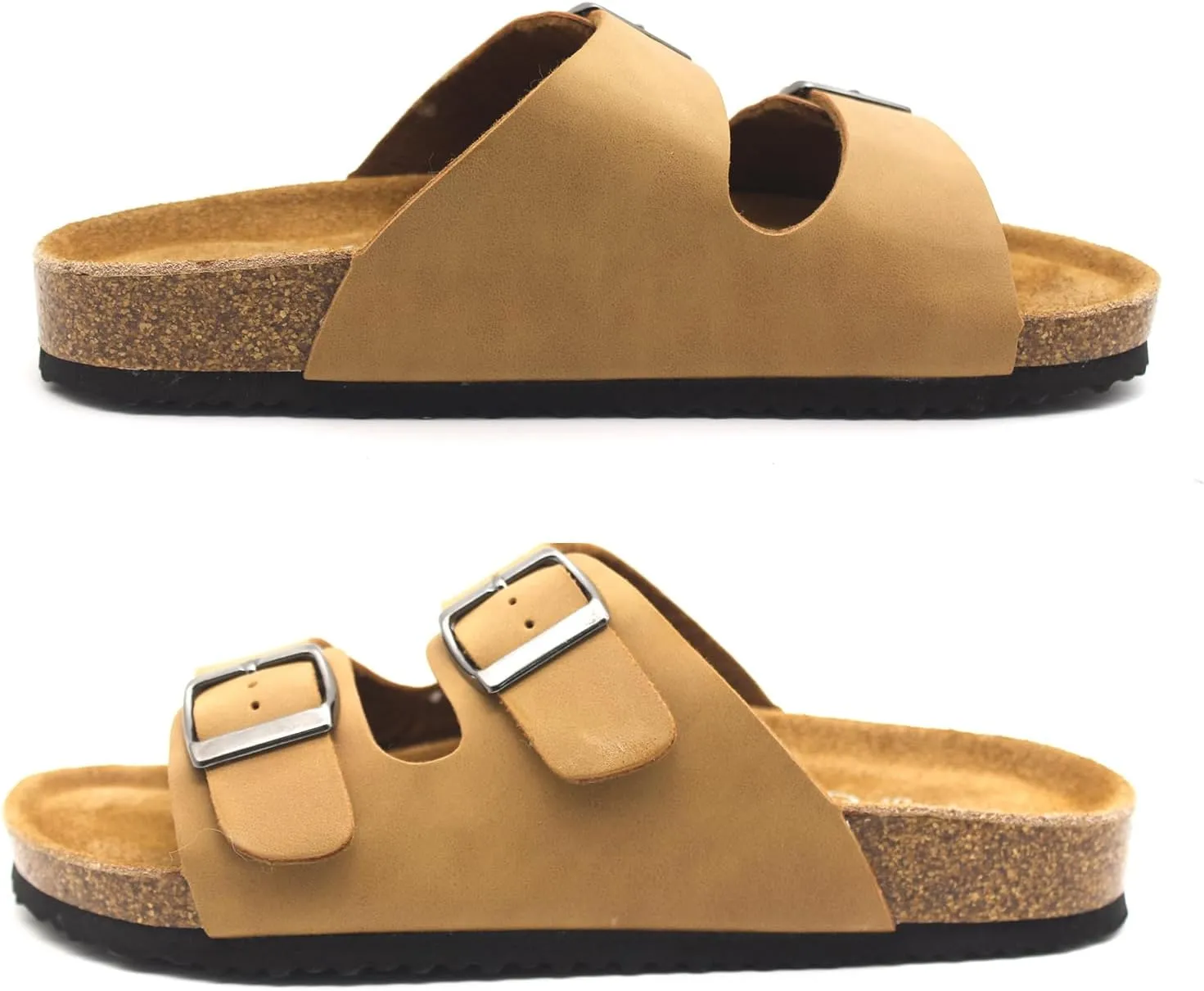 Women's Adjustable Double Buckle Brown Slide Sandal, Comfortable Cork Footbed Sandals for Men and Women, with arch support