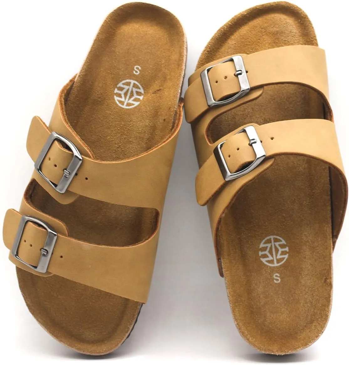 Women's Adjustable Double Buckle Brown Slide Sandal, Comfortable Cork Footbed Sandals for Men and Women, with arch support